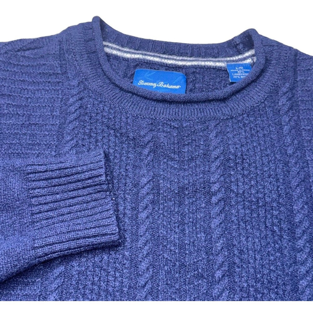 Tommy Bahama Men's Size Large Lambswool Blend Blue Cable Knit Crewneck Sweater